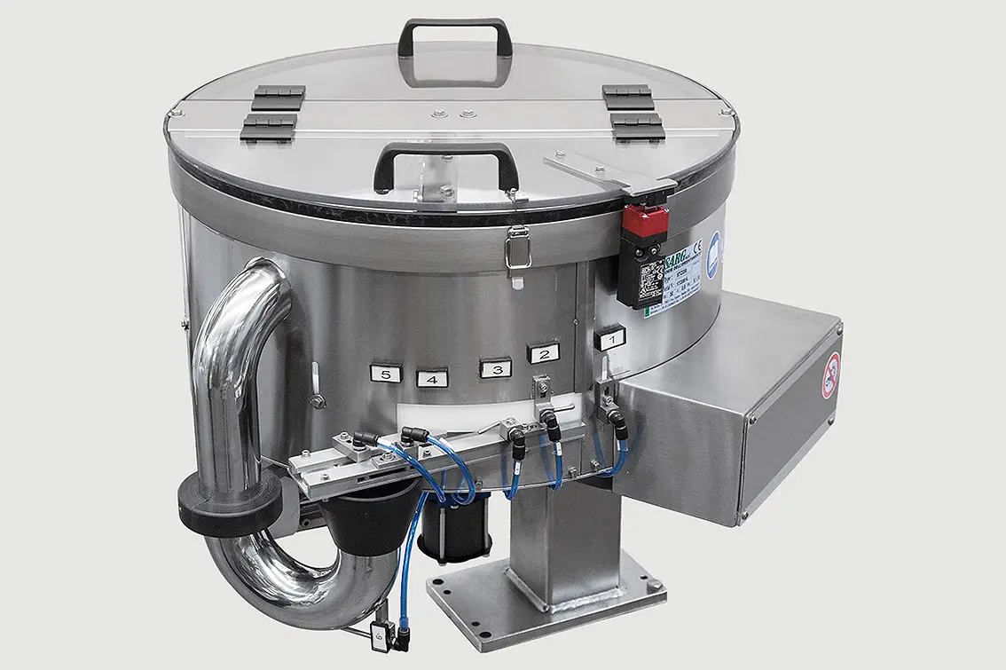 Stainless steel centrifugal bowl feeder with clear cover and multiple orientation outlets